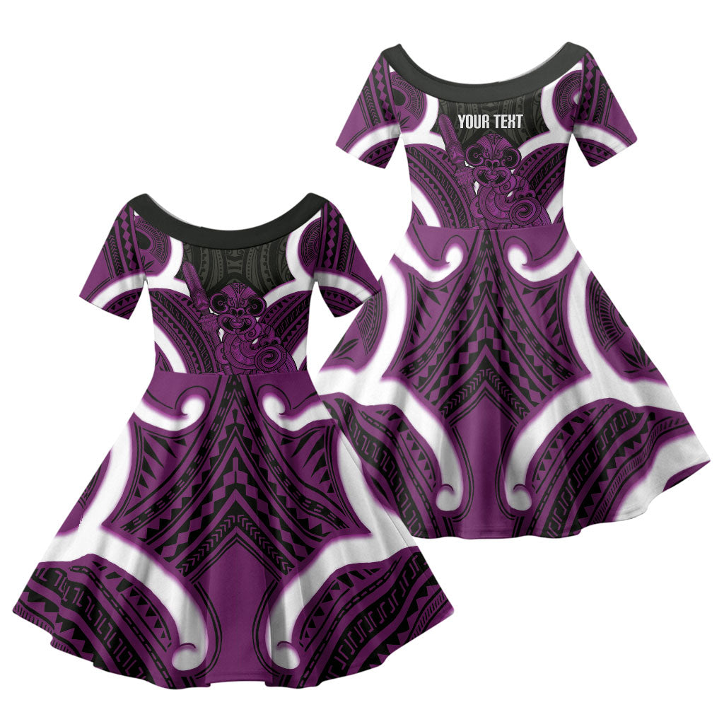 Waiporoporo Aotearoa Atua Tumatauenga Personalised Family Matching Summer Maxi Dress and Hawaiian Shirt Maori God Of War Tiki With Taiaha LT14 Daughter's Dress Purple - Polynesian Pride