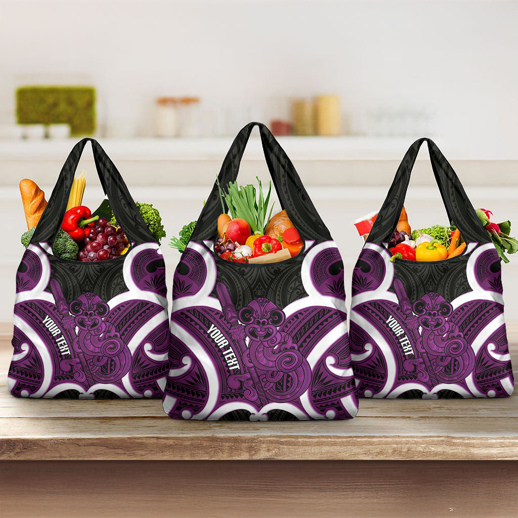Waiporoporo Aotearoa Atua Tumatauenga Personalised Grocery Bag Maori God Of War Tiki With Taiaha LT14 3-pack One Size Purple - Polynesian Pride