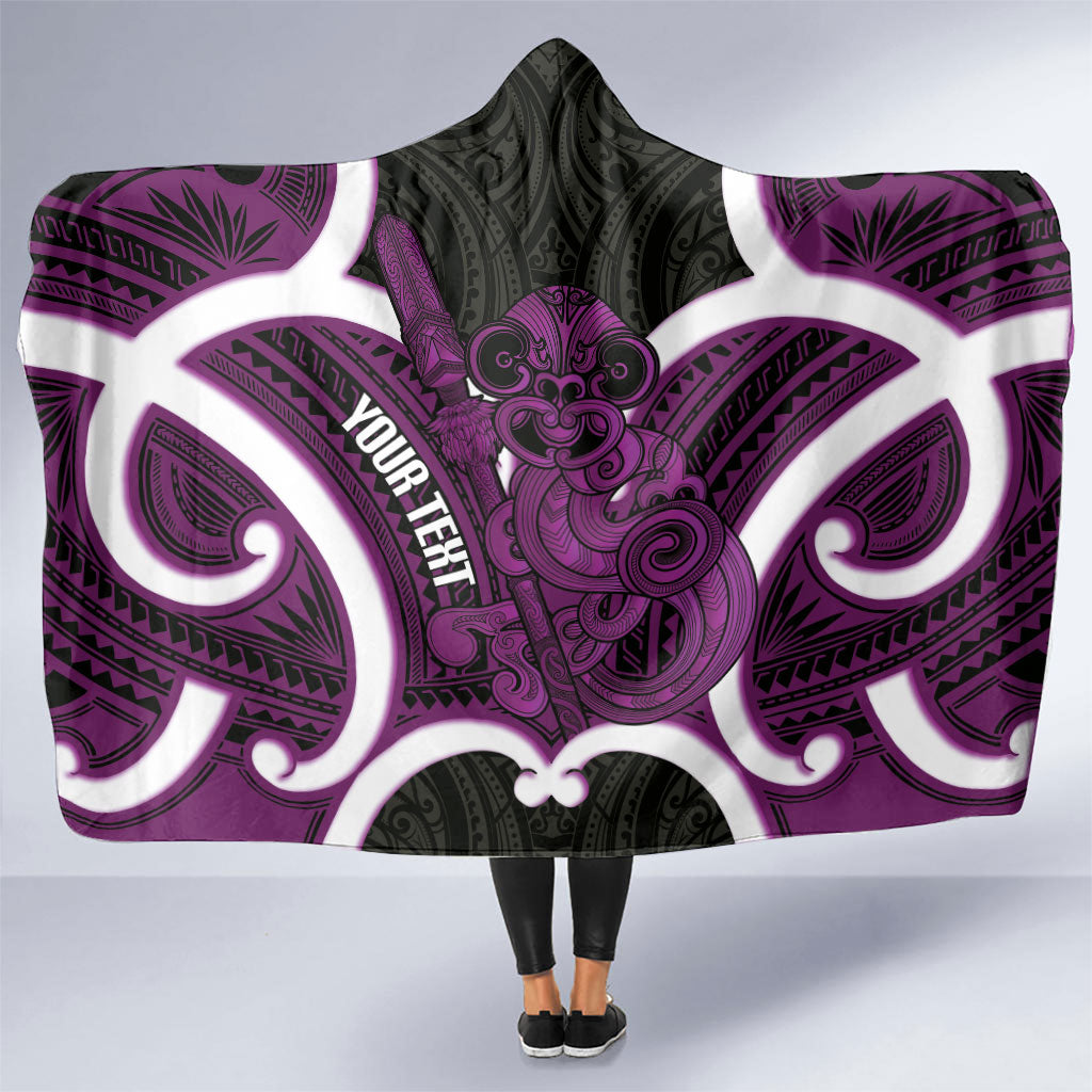 Waiporoporo Aotearoa Atua Tumatauenga Personalised Hooded Blanket Maori God Of War Tiki With Taiaha LT14 One Size Purple - Polynesian Pride