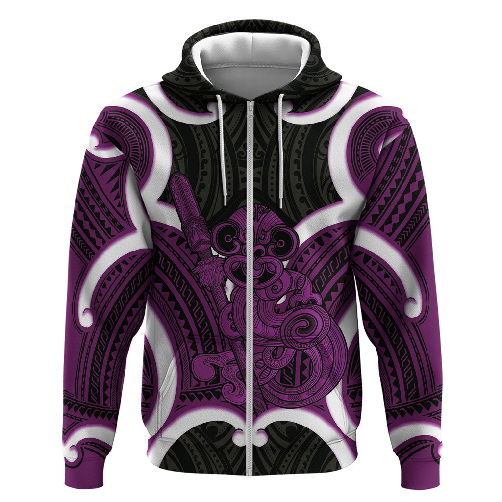 Waiporoporo Aotearoa Atua Tumatauenga Personalised Hoodie Maori God Of War Tiki With Taiaha LT14 Zip Hoodie Purple - Polynesian Pride