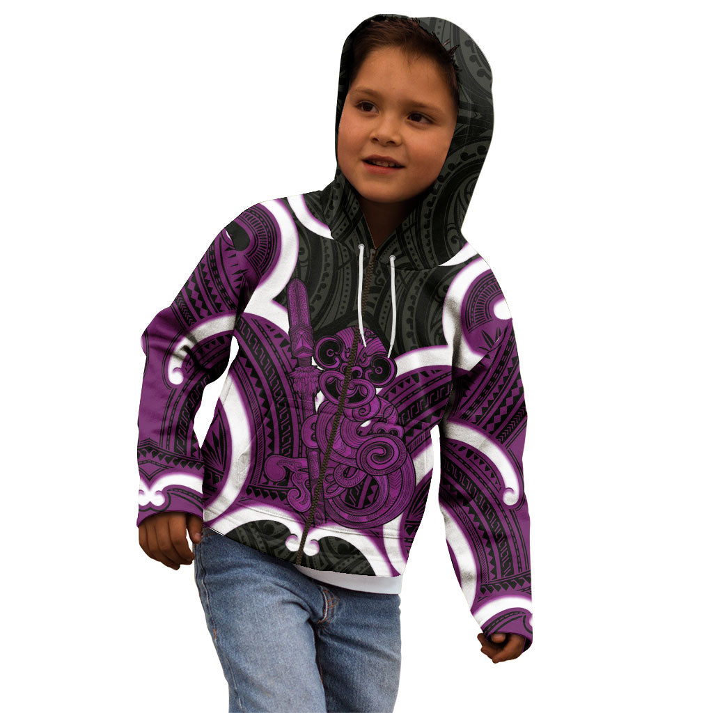 Waiporoporo Aotearoa Atua Tumatauenga Personalised Kid Hoodie Maori God Of War Tiki With Taiaha LT14 - Polynesian Pride