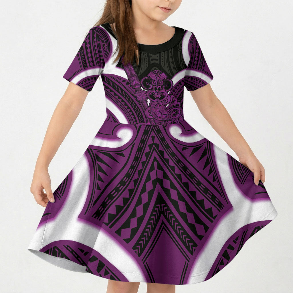 Waiporoporo Aotearoa Atua Tumatauenga Personalised Kid Short Sleeve Dress Maori God Of War Tiki With Taiaha LT14 KID Purple - Polynesian Pride