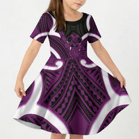 Waiporoporo Aotearoa Atua Tumatauenga Personalised Kid Short Sleeve Dress Maori God Of War Tiki With Taiaha LT14 KID Purple - Polynesian Pride