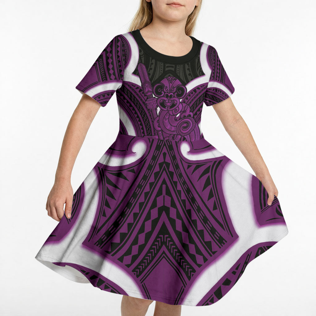 Waiporoporo Aotearoa Atua Tumatauenga Personalised Kid Short Sleeve Dress Maori God Of War Tiki With Taiaha LT14 - Polynesian Pride