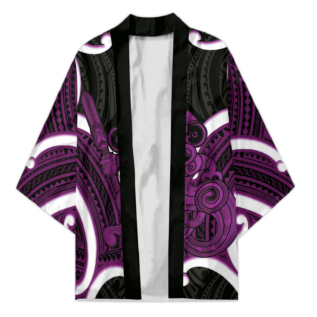 Waiporoporo Aotearoa Atua Tumatauenga Personalised Kimono Maori God Of War Tiki With Taiaha LT14 Unisex Purple - Polynesian Pride