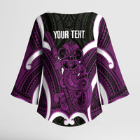 Waiporoporo Aotearoa Atua Tumatauenga Personalised Kimono Sleeve Blouse Maori God Of War Tiki With Taiaha LT14 - Polynesian Pride