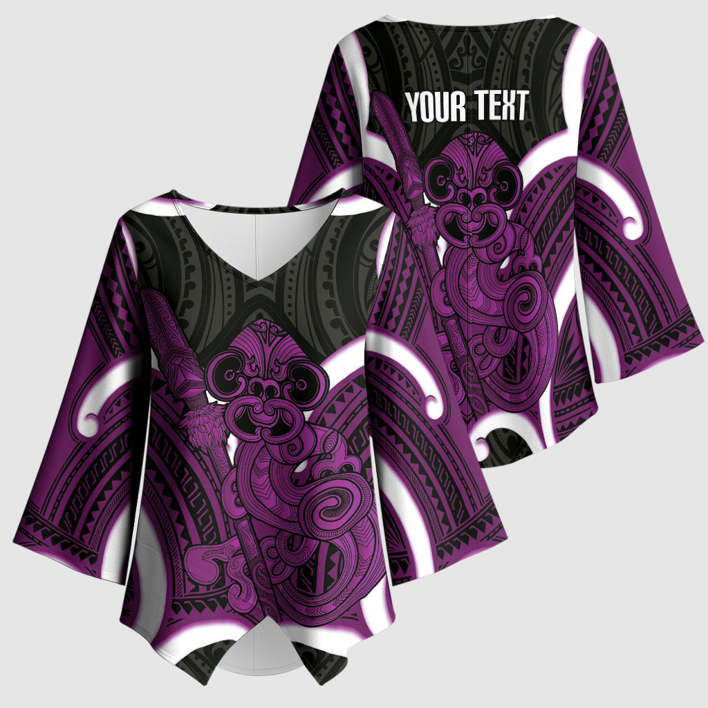 Waiporoporo Aotearoa Atua Tumatauenga Personalised Kimono Sleeve Blouse Maori God Of War Tiki With Taiaha LT14 - Polynesian Pride