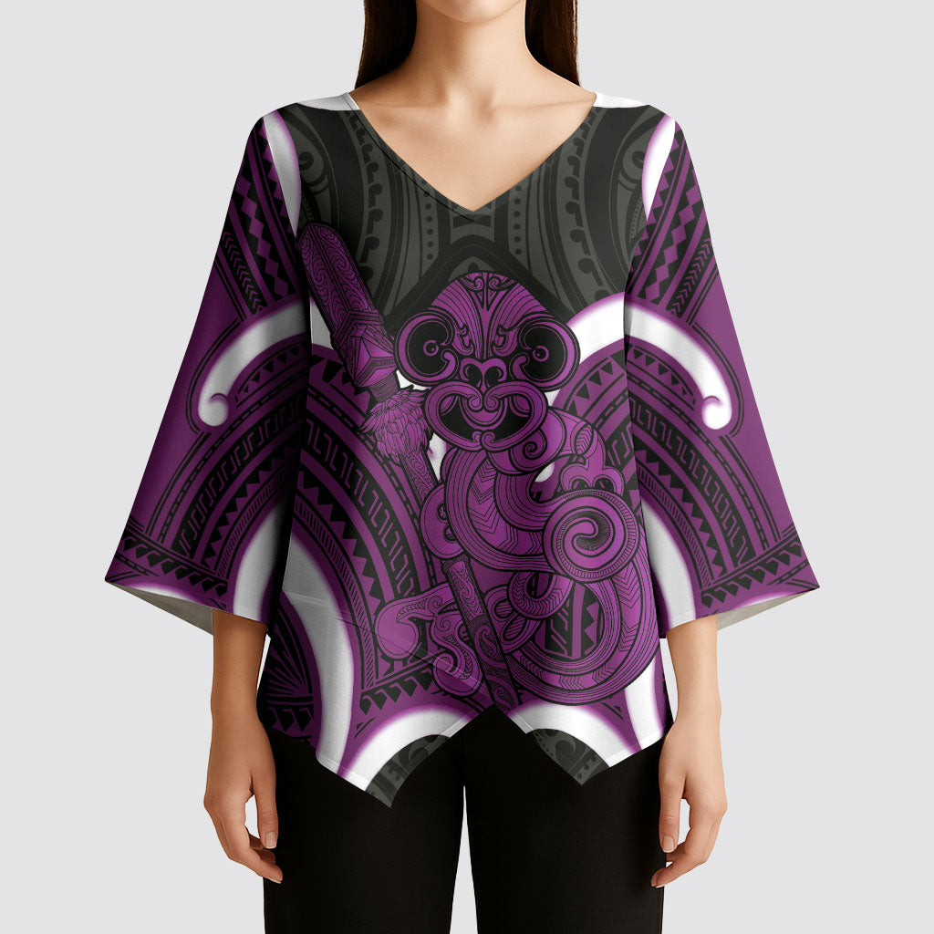 Waiporoporo Aotearoa Atua Tumatauenga Personalised Kimono Sleeve Blouse Maori God Of War Tiki With Taiaha LT14 - Polynesian Pride