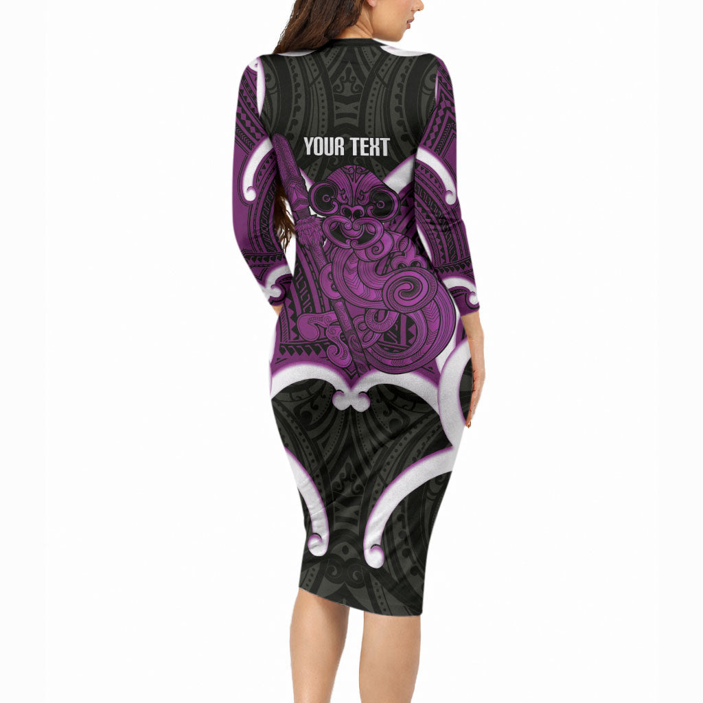 Waiporoporo Aotearoa Atua Tumatauenga Personalised Long Sleeve Bodycon Dress Maori God Of War Tiki With Taiaha LT14 - Polynesian Pride