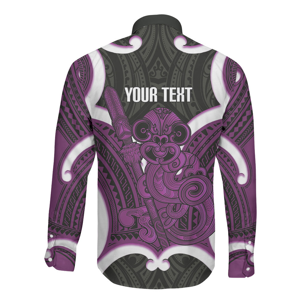 Waiporoporo Aotearoa Atua Tumatauenga Personalised Long Sleeve Button Shirt Maori God Of War Tiki With Taiaha LT14 - Polynesian Pride