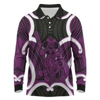 Waiporoporo Aotearoa Atua Tumatauenga Personalised Long Sleeve Polo Shirt Maori God Of War Tiki With Taiaha LT14 Purple - Polynesian Pride
