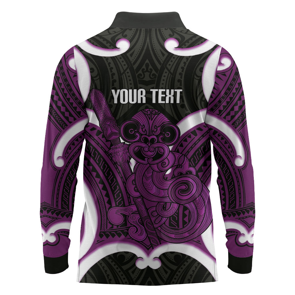 Waiporoporo Aotearoa Atua Tumatauenga Personalised Long Sleeve Polo Shirt Maori God Of War Tiki With Taiaha LT14 - Polynesian Pride