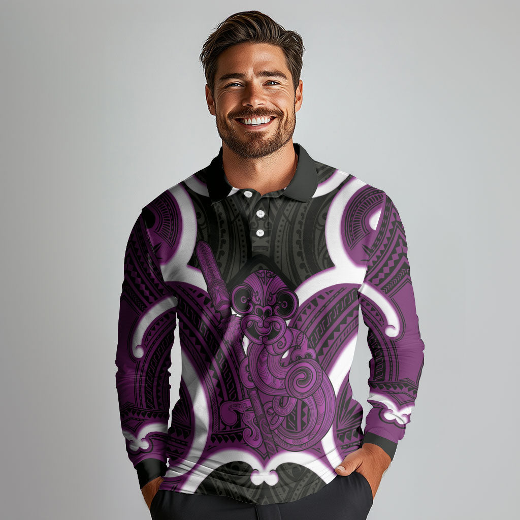 Waiporoporo Aotearoa Atua Tumatauenga Personalised Long Sleeve Polo Shirt Maori God Of War Tiki With Taiaha LT14 - Polynesian Pride