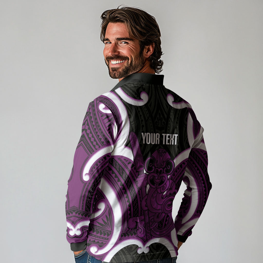 Waiporoporo Aotearoa Atua Tumatauenga Personalised Long Sleeve Polo Shirt Maori God Of War Tiki With Taiaha LT14 - Polynesian Pride