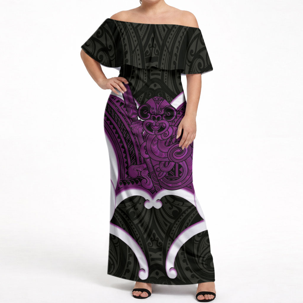 Waiporoporo Aotearoa Atua Tumatauenga Personalised Off Shoulder Maxi Dress Maori God Of War Tiki With Taiaha LT14 Women Purple - Polynesian Pride