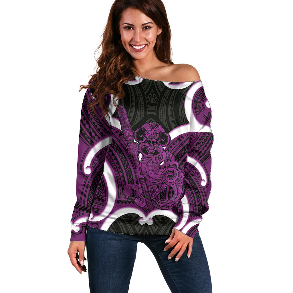 Waiporoporo Aotearoa Atua Tumatauenga Personalised Off Shoulder Sweater Maori God Of War Tiki With Taiaha LT14 Women Purple - Polynesian Pride