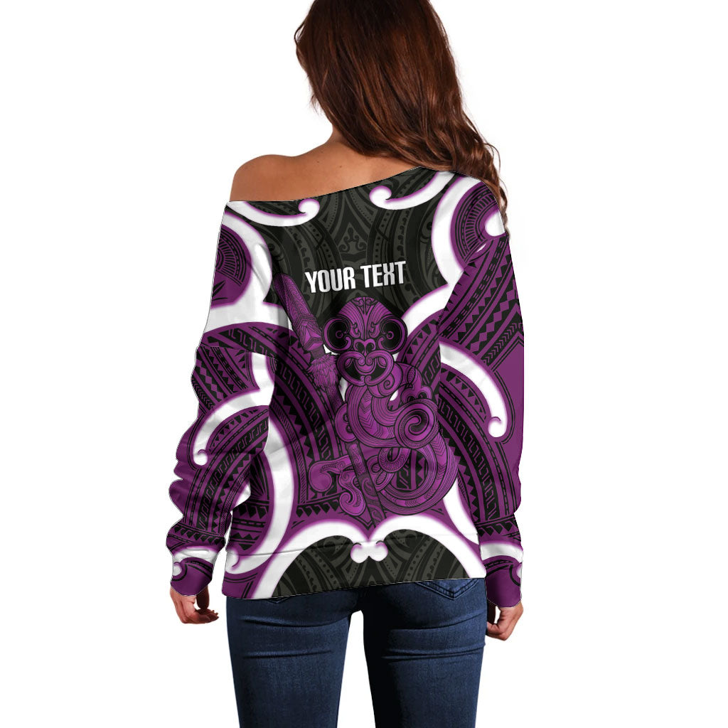 Waiporoporo Aotearoa Atua Tumatauenga Personalised Off Shoulder Sweater Maori God Of War Tiki With Taiaha LT14 - Polynesian Pride