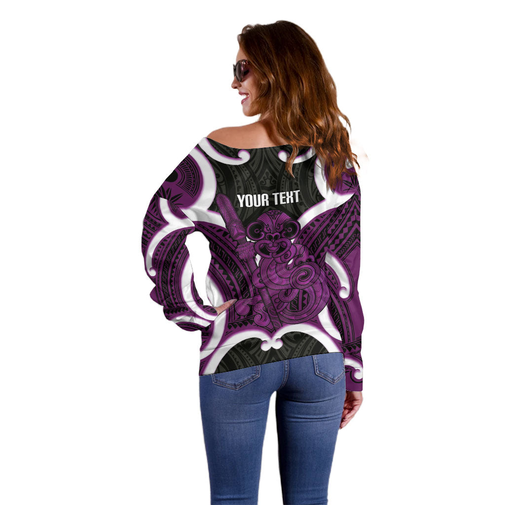 Waiporoporo Aotearoa Atua Tumatauenga Personalised Off Shoulder Sweater Maori God Of War Tiki With Taiaha LT14 - Polynesian Pride