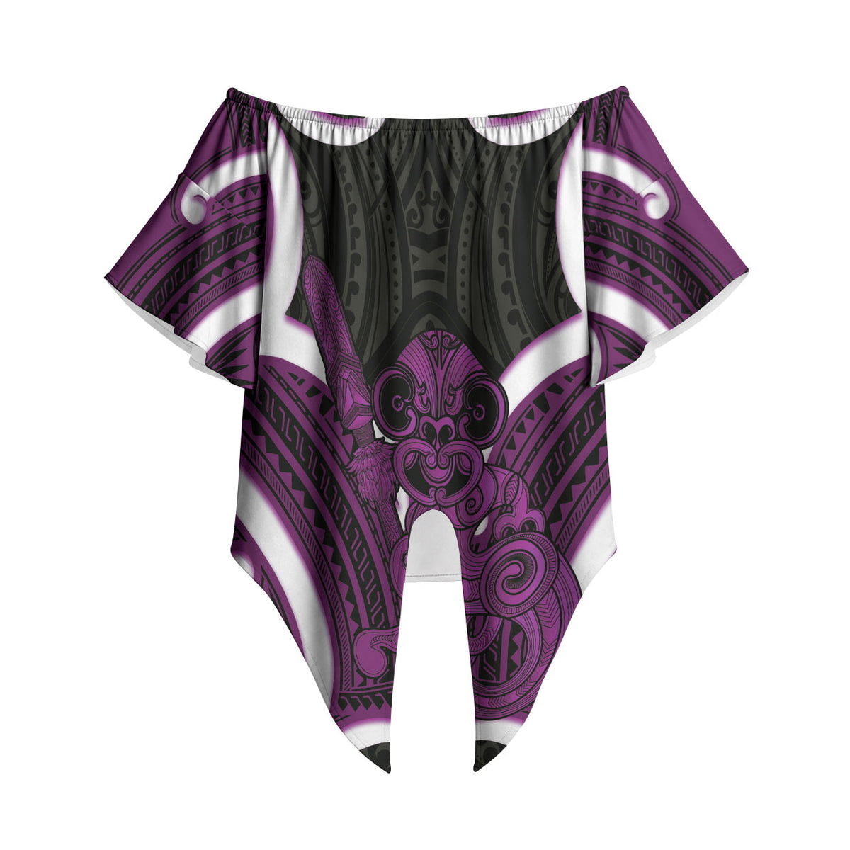 Waiporoporo Aotearoa Atua Tumatauenga Personalised Off Shoulder Wrap Waist Top Maori God Of War Tiki With Taiaha LT14 - Polynesian Pride