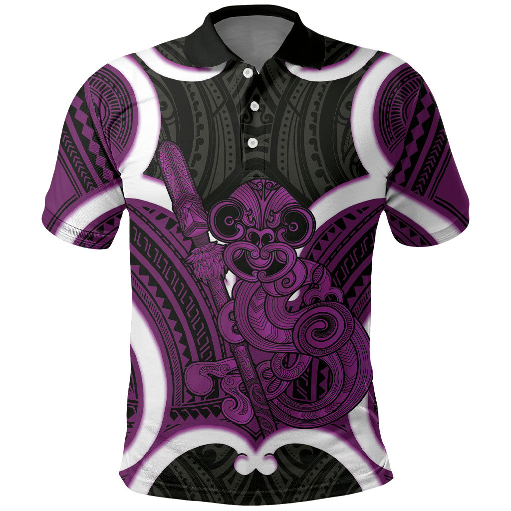 Waiporoporo Aotearoa Atua Tumatauenga Personalised Polo Shirt Maori God Of War Tiki With Taiaha LT14 Purple - Polynesian Pride