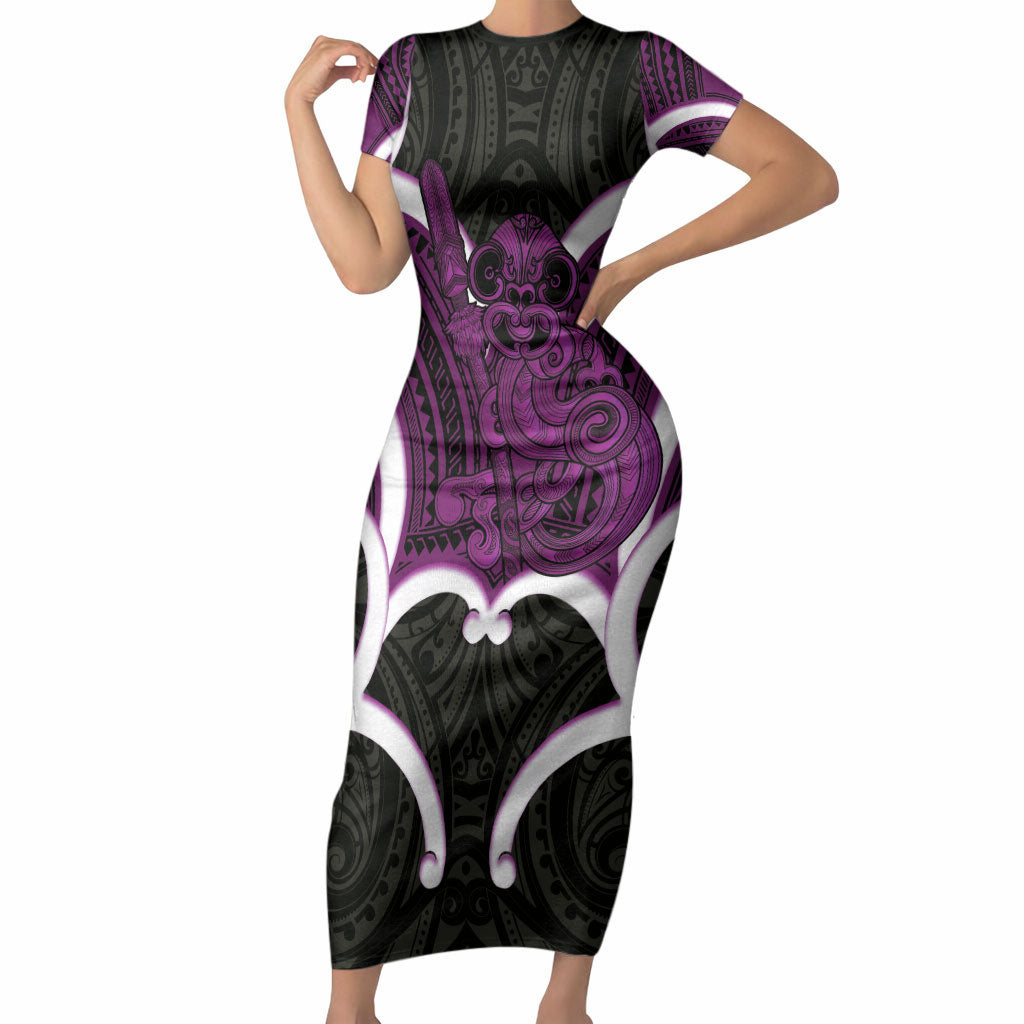 Waiporoporo Aotearoa Atua Tumatauenga Personalised Short Sleeve Bodycon Dress Maori God Of War Tiki With Taiaha LT14 Long Dress Purple - Polynesian Pride