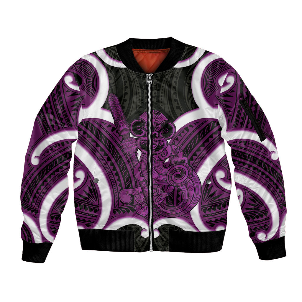 Waiporoporo Aotearoa Atua Tumatauenga Personalised Sleeve Zip Bomber Jacket Maori God Of War Tiki With Taiaha LT14 Unisex Purple - Polynesian Pride