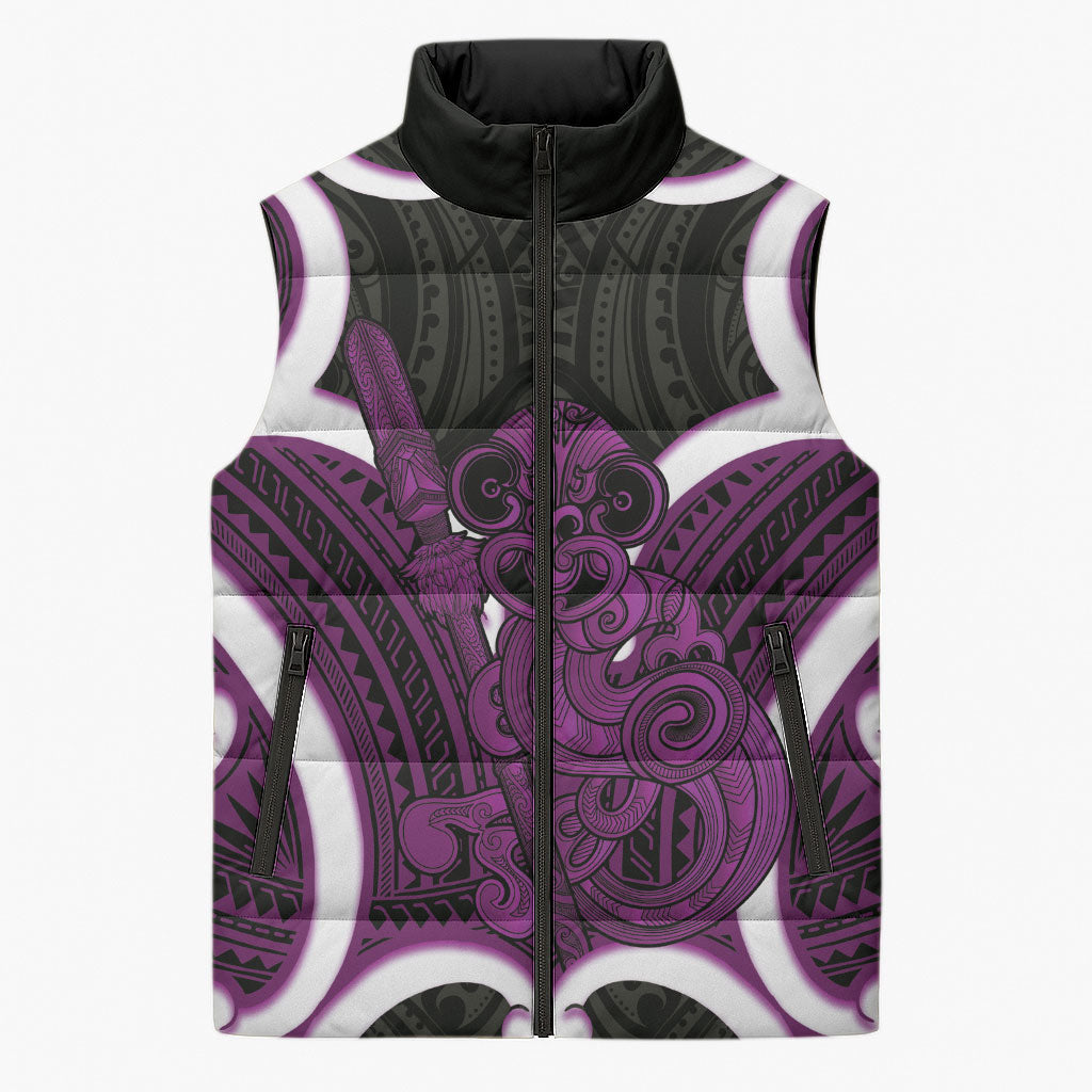 Waiporoporo Aotearoa Atua Tumatauenga Personalised Sleeveless Puffer Jacket Maori God Of War Tiki With Taiaha LT14 Unisex Purple - Polynesian Pride