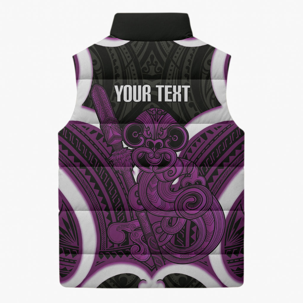 Waiporoporo Aotearoa Atua Tumatauenga Personalised Sleeveless Puffer Jacket Maori God Of War Tiki With Taiaha LT14 - Polynesian Pride