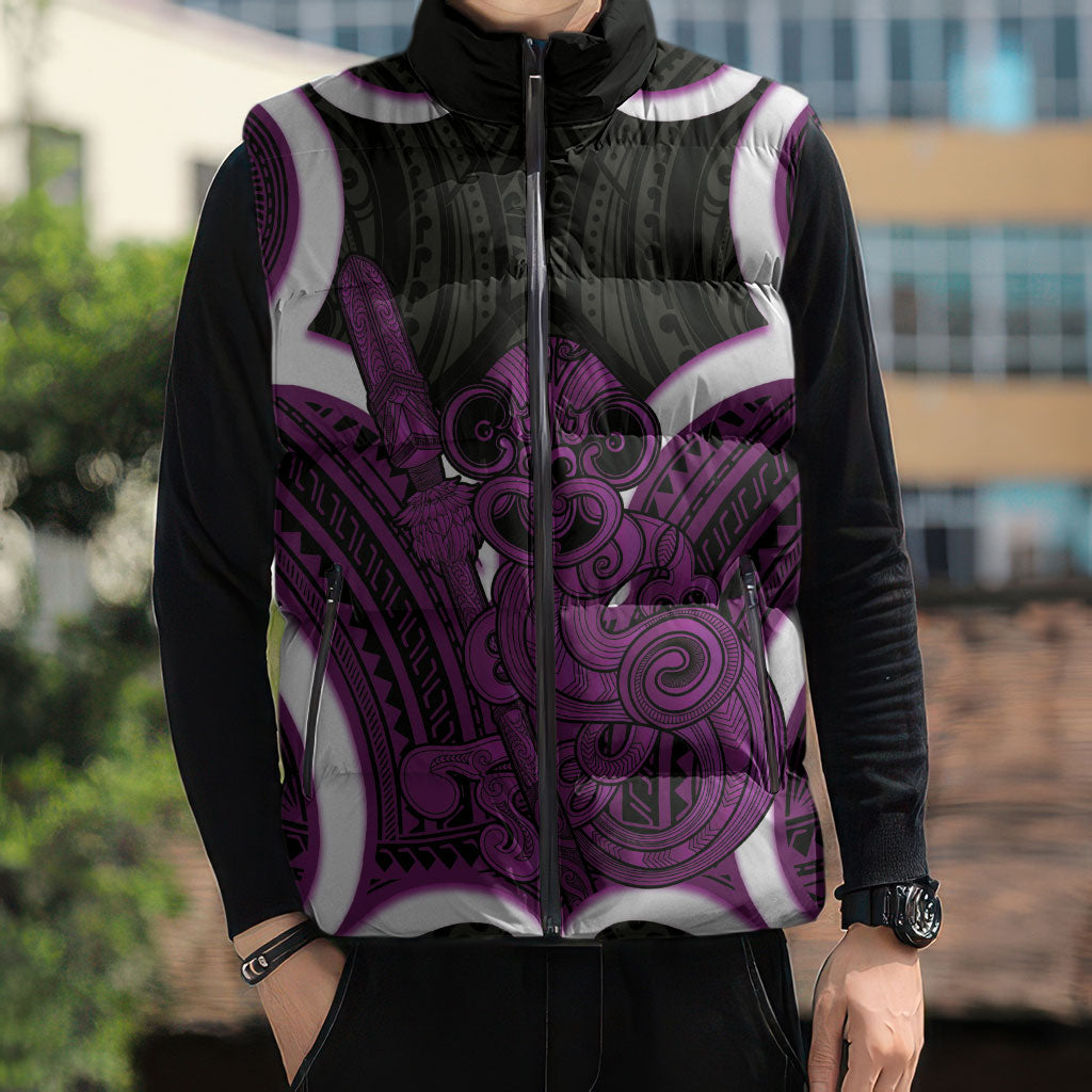 Waiporoporo Aotearoa Atua Tumatauenga Personalised Sleeveless Puffer Jacket Maori God Of War Tiki With Taiaha LT14 - Polynesian Pride