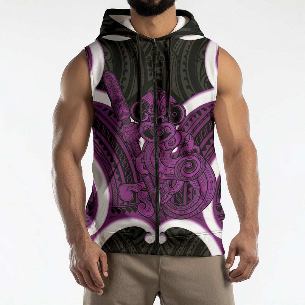 Waiporoporo Aotearoa Atua Tumatauenga Personalised Sleeveless Zip Hoodie Maori God Of War Tiki With Taiaha LT14 - Polynesian Pride