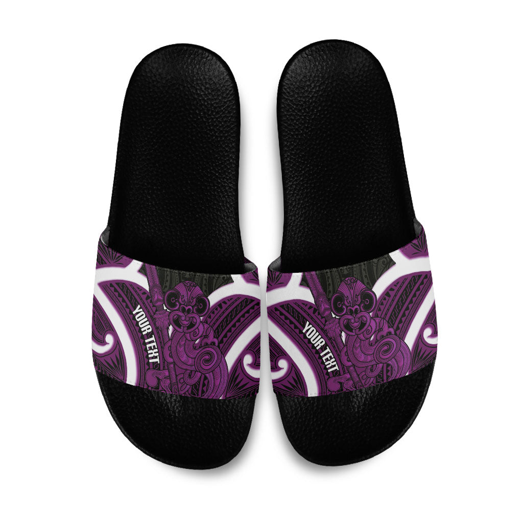 Waiporoporo Aotearoa Atua Tumatauenga Personalised Slide Sandals Maori God Of War Tiki With Taiaha LT14 Purple - Polynesian Pride