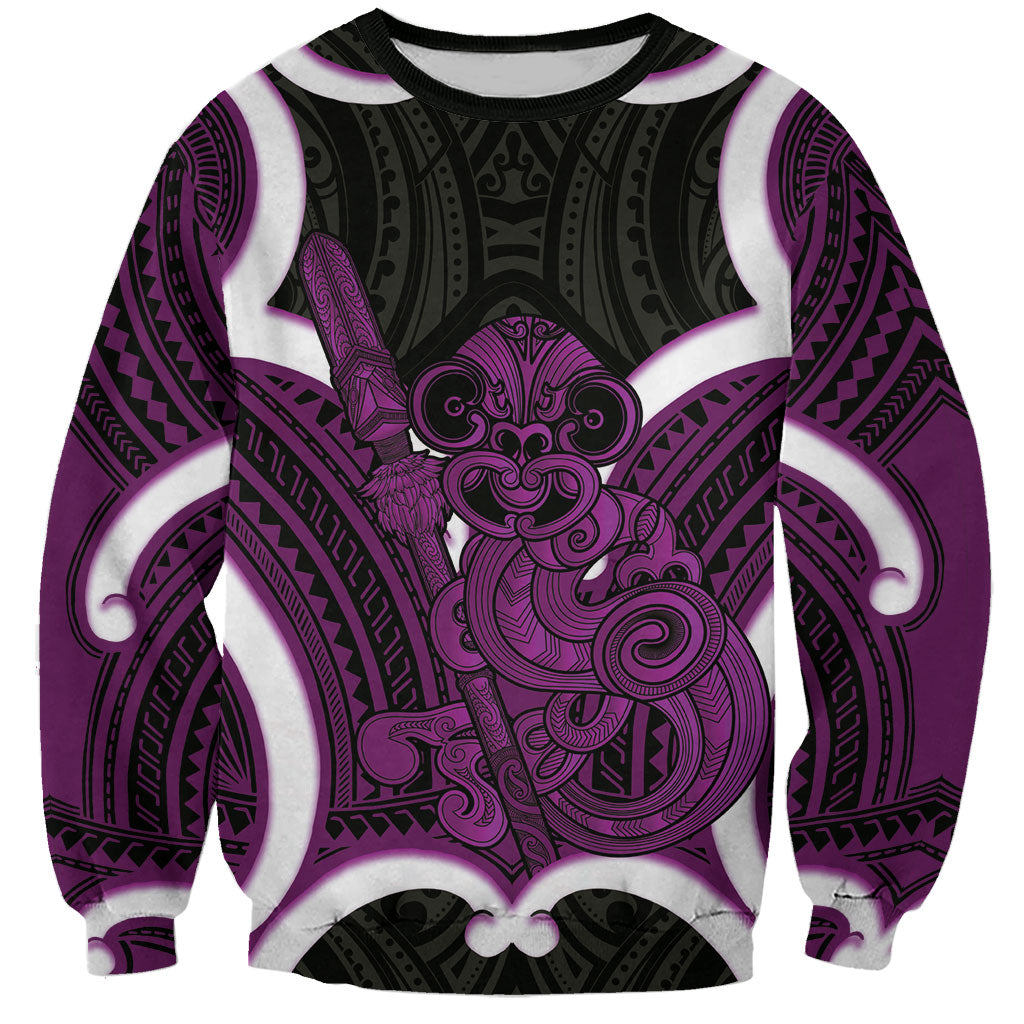 Waiporoporo Aotearoa Atua Tumatauenga Personalised Sweatshirt Maori God Of War Tiki With Taiaha LT14 Unisex Purple - Polynesian Pride
