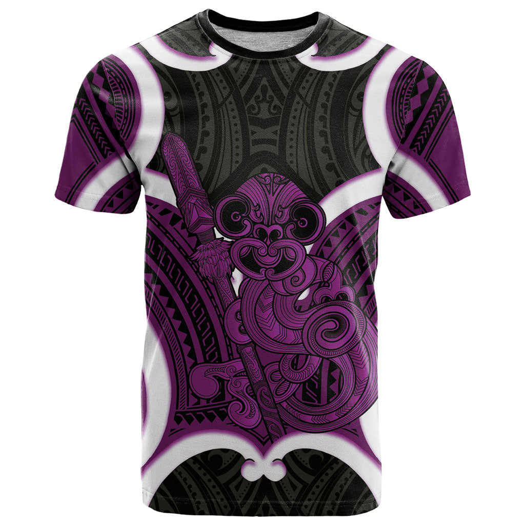 Waiporoporo Aotearoa Atua Tumatauenga Personalised T Shirt Maori God Of War Tiki With Taiaha LT14 Purple - Polynesian Pride