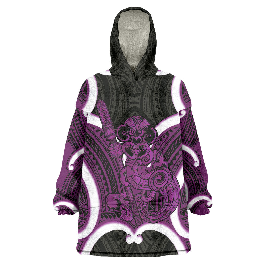Waiporoporo Aotearoa Atua Tumatauenga Personalised Wearable Blanket Hoodie Maori God Of War Tiki With Taiaha LT14 One Size Purple - Polynesian Pride
