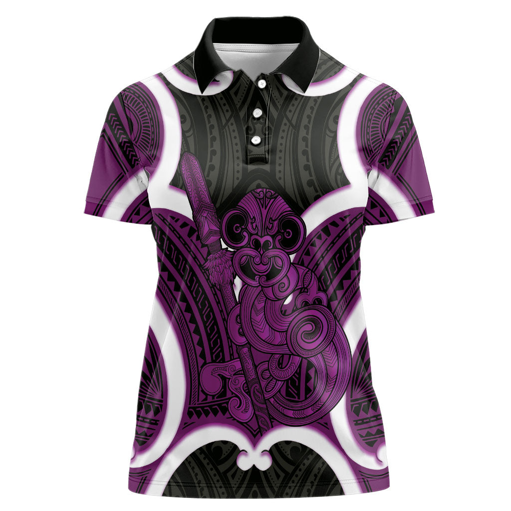 Waiporoporo Aotearoa Atua Tumatauenga Personalised Women Polo Shirt Maori God Of War Tiki With Taiaha LT14 Female Purple - Polynesian Pride