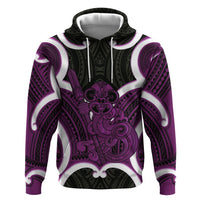 Waiporoporo Aotearoa Atua Tumatauenga Personalised Zip Hoodie Maori God Of War Tiki With Taiaha LT14 Pullover Hoodie Purple - Polynesian Pride