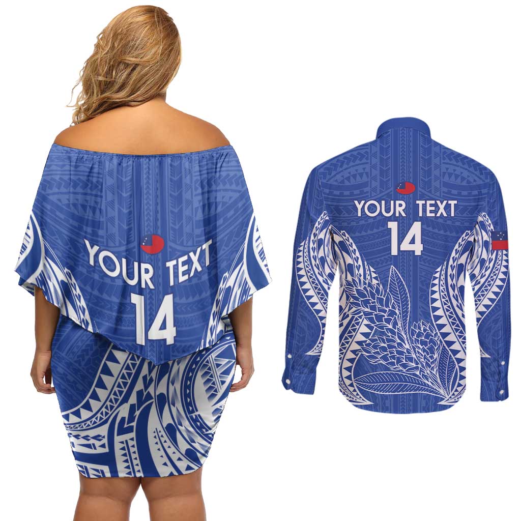 Custom Manu Samoa Rugby 2024 Couples Matching Off Shoulder Short Dress and Long Sleeve Button Shirt Go Champions Samoan Tattoo