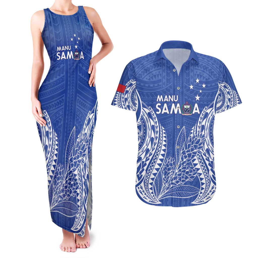 Custom Manu Samoa Rugby 2024 Couples Matching Tank Maxi Dress and Hawaiian Shirt Go Champions Samoan Tattoo LT14 Blue - Polynesian Pride
