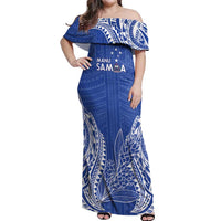 Custom Manu Samoa Rugby 2024 Off Shoulder Maxi Dress Go Champions Samoan Tattoo LT14 Women Blue - Polynesian Pride