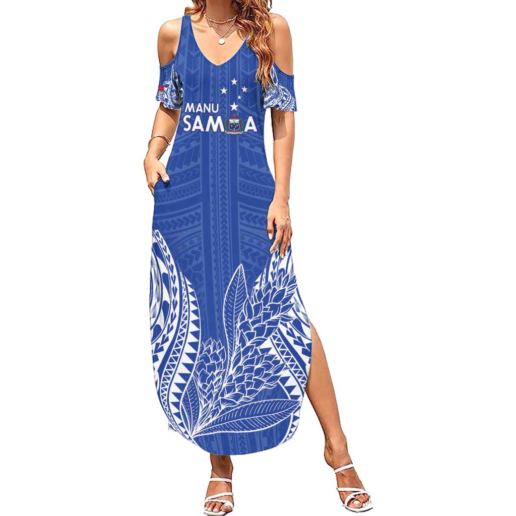 Custom Manu Samoa Rugby 2024 Summer Maxi Dress Go Champions Samoan Tattoo LT14 Women Blue - Polynesian Pride