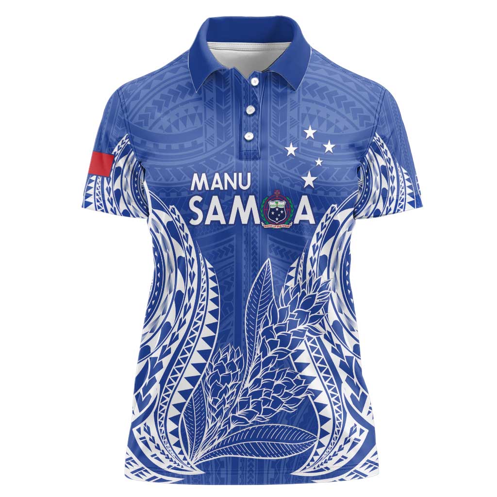 Custom Manu Samoa Rugby 2024 Women Polo Shirt Go Champions Samoan Tattoo LT14 Female Blue - Polynesian Pride