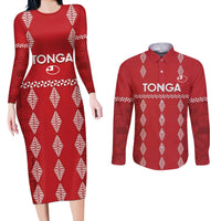 Custom Tonga Rugby 2024 Couples Matching Long Sleeve Bodycon Dress and Long Sleeve Button Shirt Go Champions Ikale Tahi Ngatu Pattern LT14 Red - Polynesian Pride