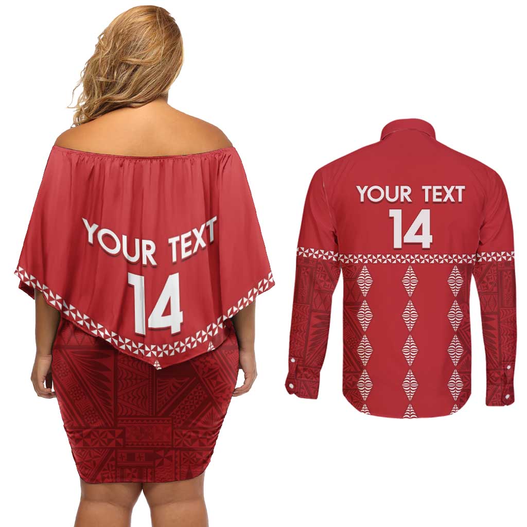 Custom Tonga Rugby 2024 Couples Matching Off Shoulder Short Dress and Long Sleeve Button Shirt Go Champions Ikale Tahi Ngatu Pattern