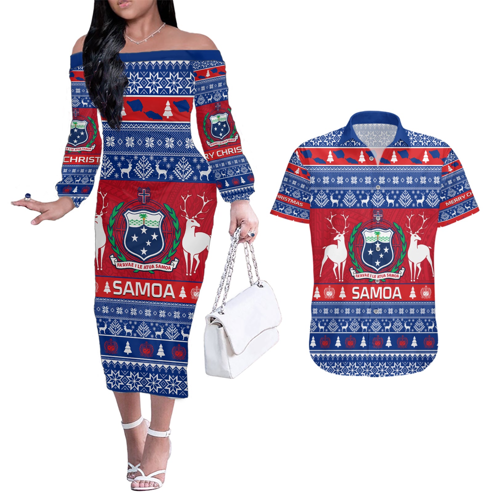 Personalised Samoa Christmas Couples Matching Off The Shoulder Long Sleeve Dress and Hawaiian Shirt Samoan Coat Of Arms Manuia Le Kirisimas LT14 Blue - Polynesian Pride