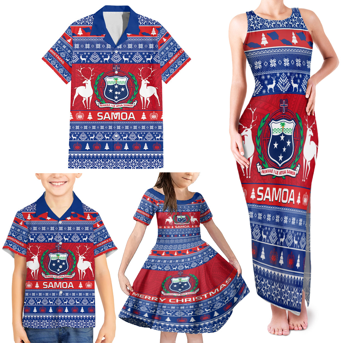 Personalised Samoa Christmas Family Matching Tank Maxi Dress and Hawaiian Shirt Samoan Coat Of Arms Manuia Le Kirisimas LT14 - Polynesian Pride