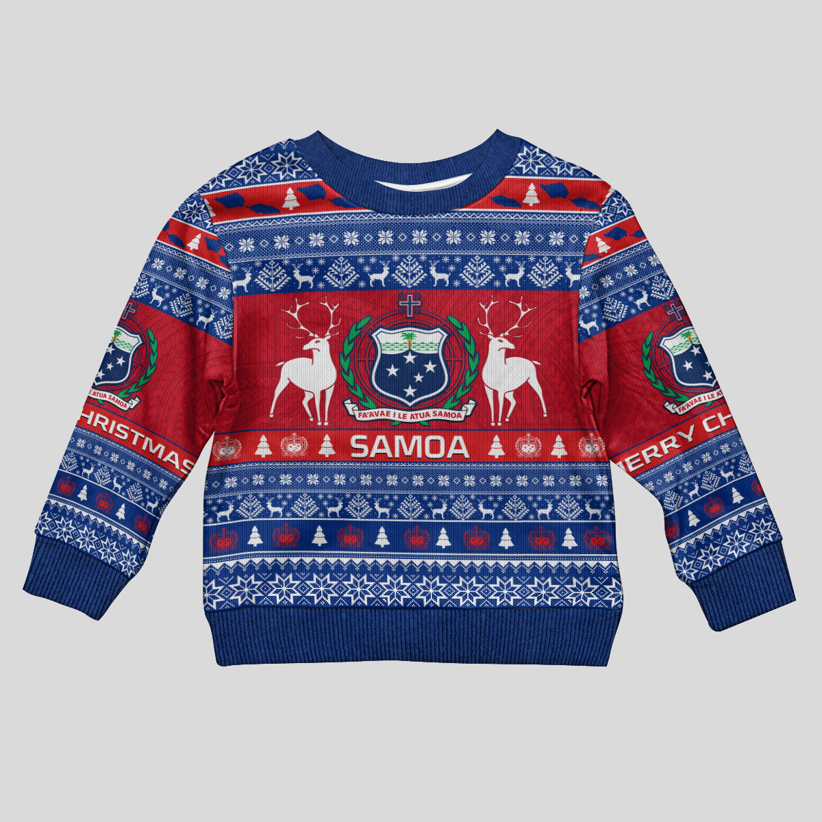 Personalised Samoa Christmas Kid Ugly Christmas Sweater Samoan Coat Of Arms Manuia Le Kirisimas LT14 Kid Blue - Polynesian Pride