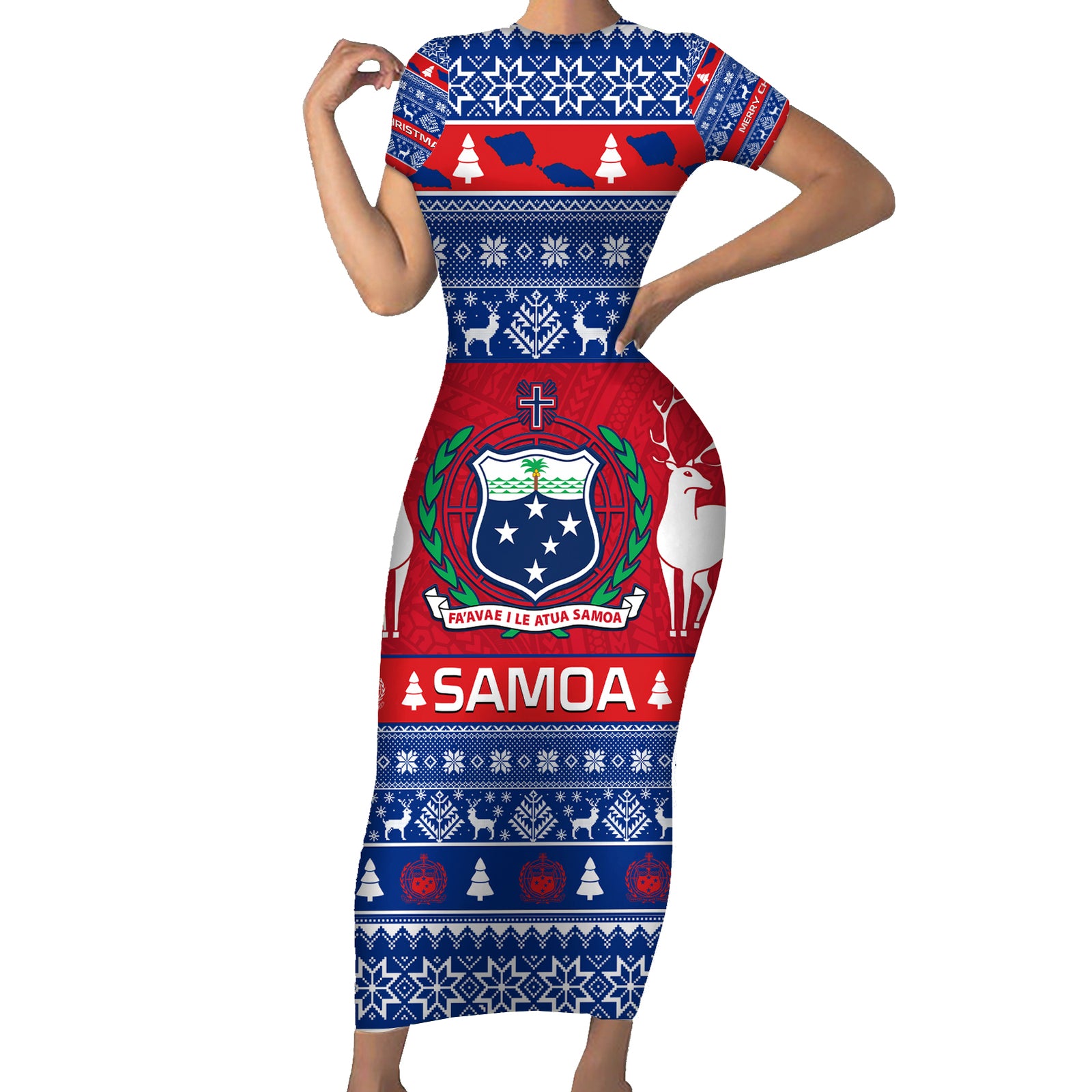 Personalised Samoa Christmas Short Sleeve Bodycon Dress Samoan Coat Of Arms Manuia Le Kirisimas LT14 Long Dress Blue - Polynesian Pride