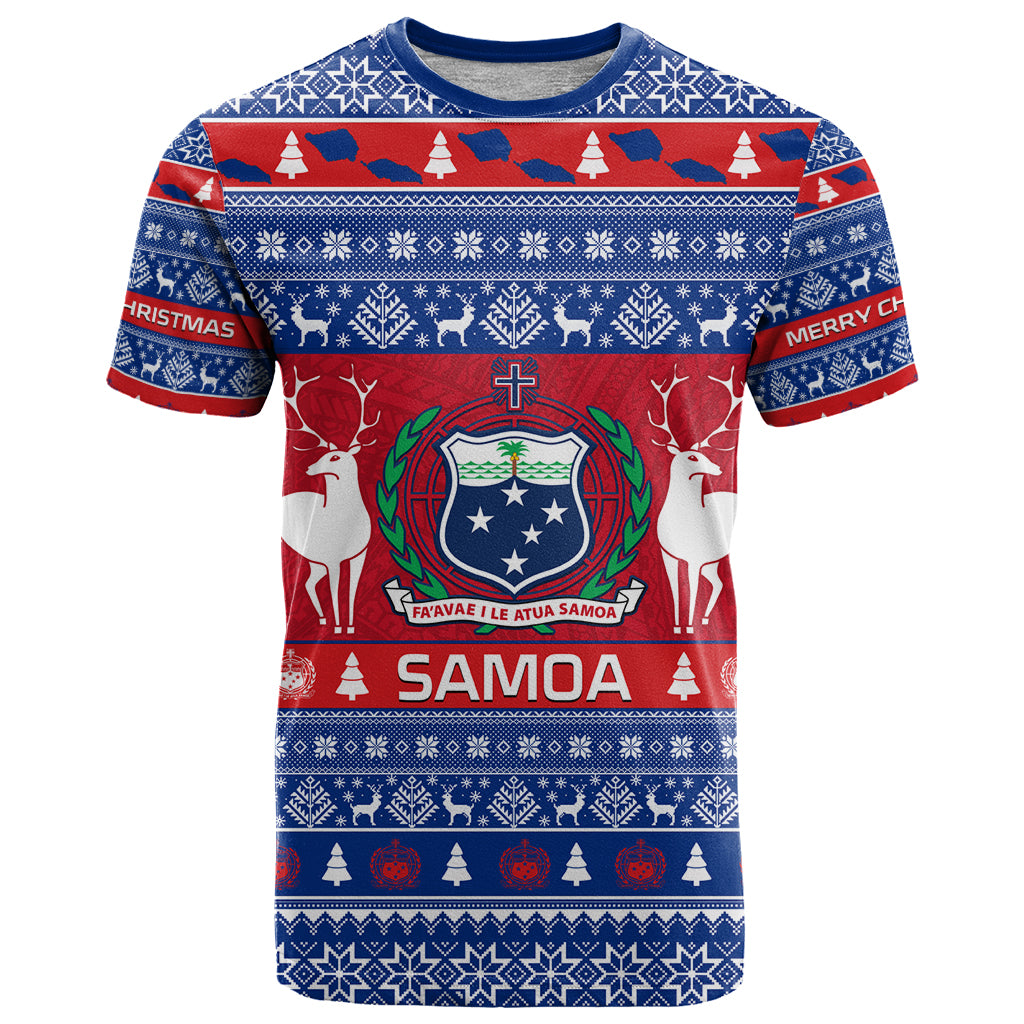 Personalised Samoa Christmas T Shirt Samoan Coat Of Arms Manuia Le Kirisimas LT14 Blue - Polynesian Pride