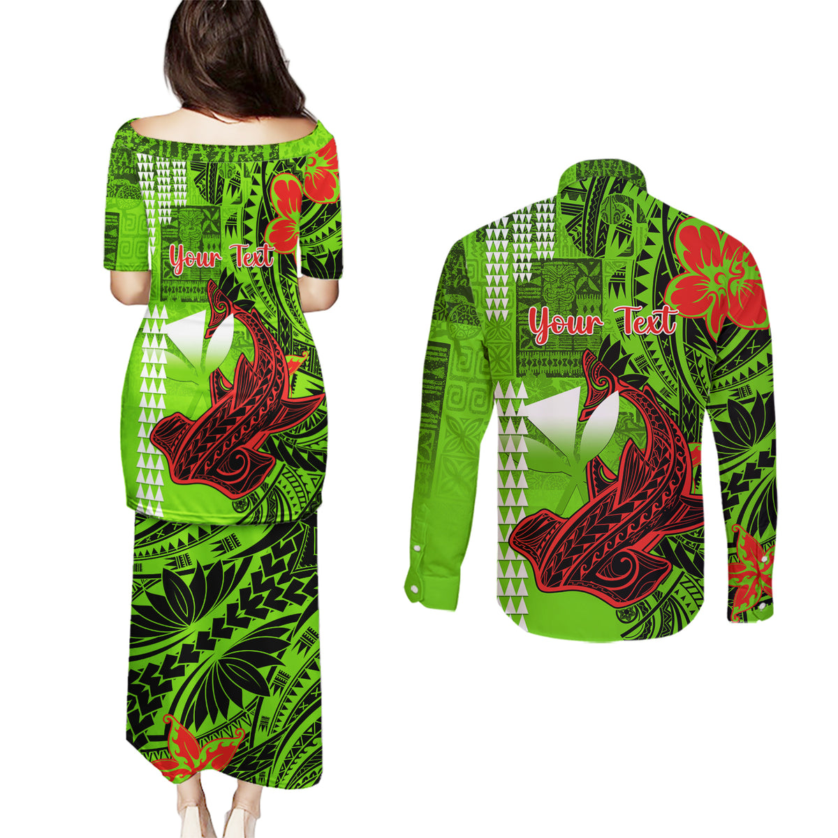Personalised Hawaii Christmas Couples Matching Puletasi Dress and Long Sleeve Button Shirts Mele Kalikimaka Kakau Polynesian Shark Tattoo LT14 - Polynesian Pride