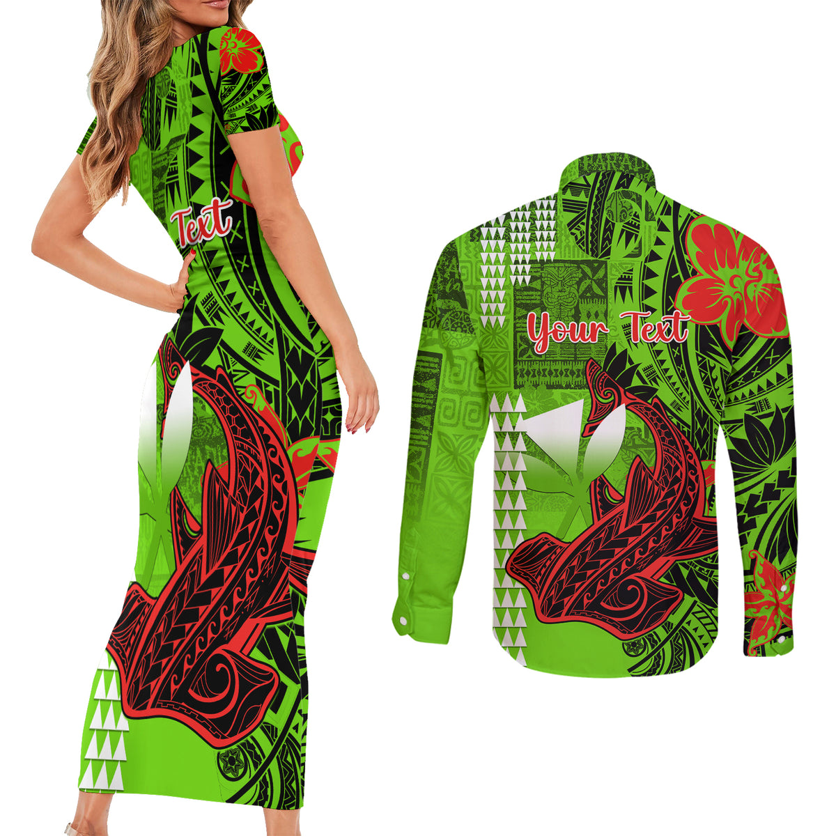 Personalised Hawaii Christmas Couples Matching Short Sleeve Bodycon Dress and Long Sleeve Button Shirts Mele Kalikimaka Kakau Polynesian Shark Tattoo LT14 - Polynesian Pride